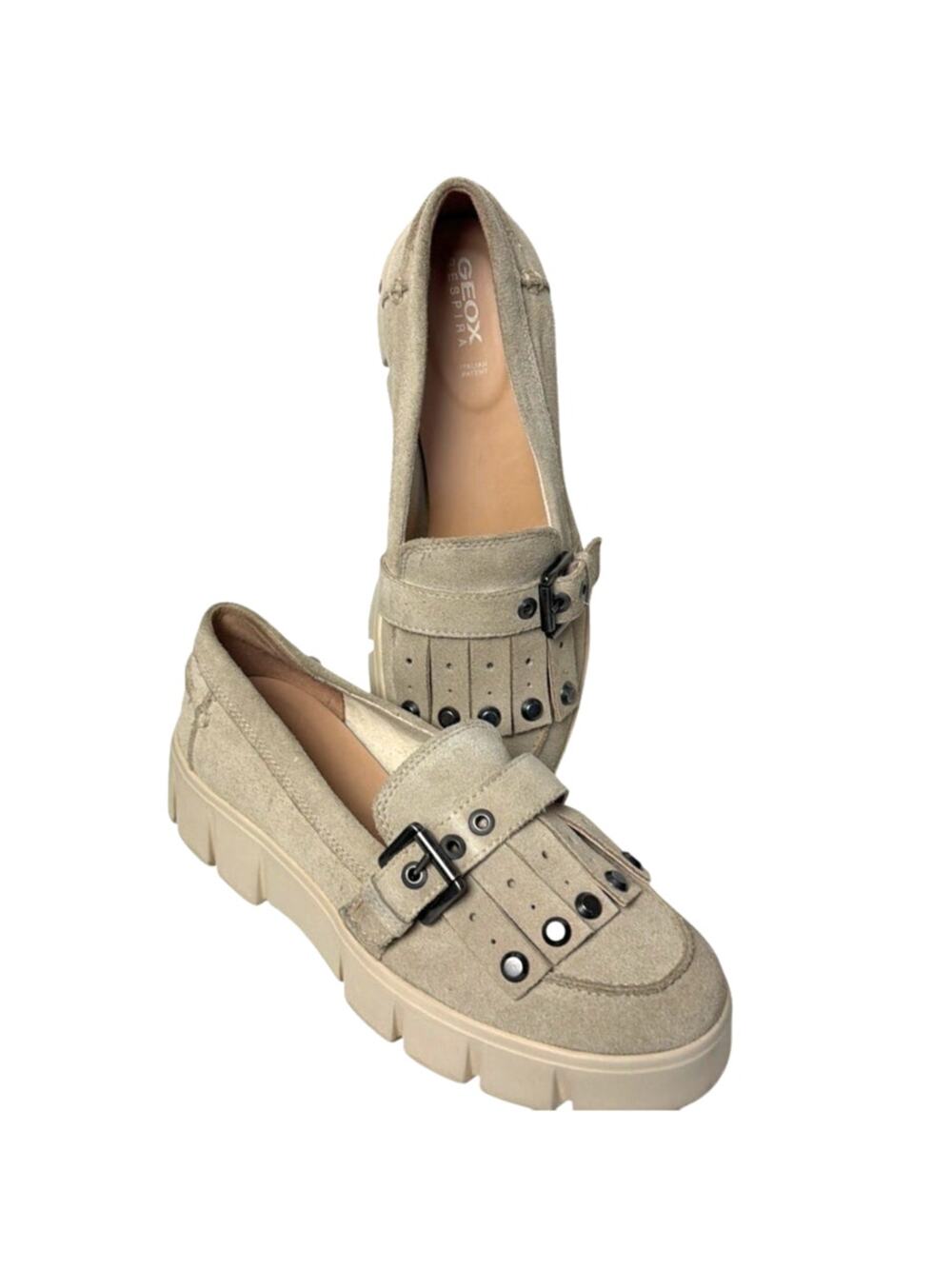 Geox D Ghoula Platform Loafers Beige Suede Studded Buckle Size 39 Office Casual - Picture 1 of 7